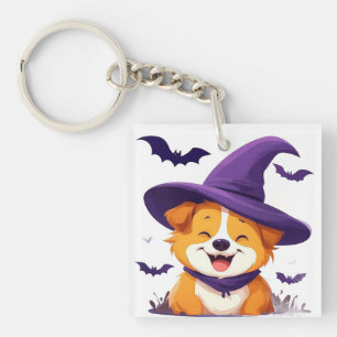 Porte-clés Chien adorable avec un chapeau de sorcière