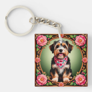 Porte-clés Chien adorable encadré de fleurs colorées