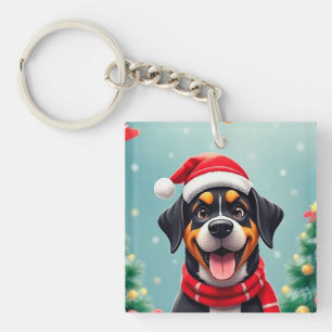 Porte-clés Chien adorable portant un chapeau de Père Noël