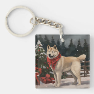 Porte-clés Chien Akita dans la neige de Noël