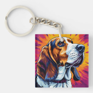 Porte-clés Chien Basset Hound avec fond coloré