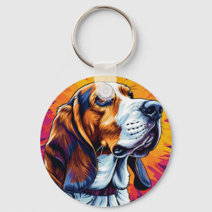 Porte-clés Chien Basset Hound avec fond coloré
