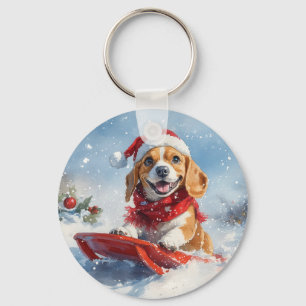 Porte-clés Chien Beagle en Luge Laissez Tomber la Neige Noël