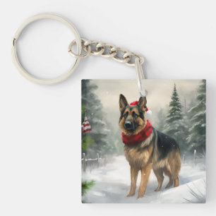 Porte-clés Chien berger allemand dans la neige de Noël