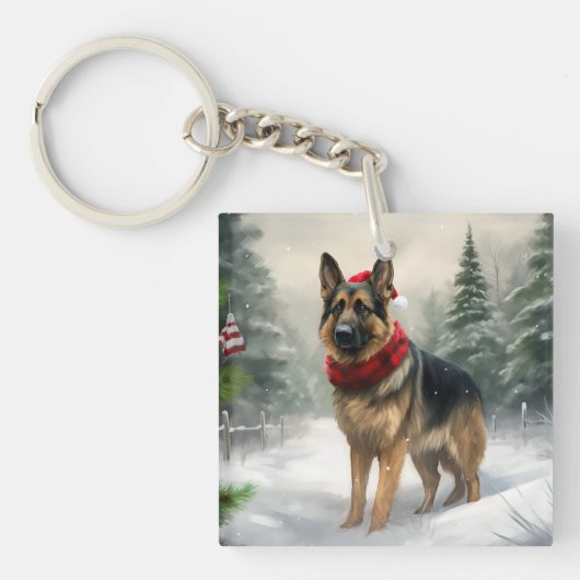Porte-clés Chien berger allemand en Noël de neige (Devant)