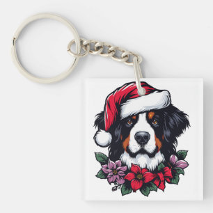 Porte-clés Chien bernois de fête avec chapeau de Santa et fle