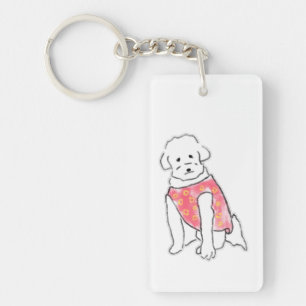 Porte-clés Chien Blanc Fluffy Dessiné à la Main avec un Gilet