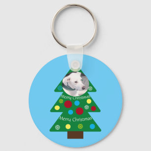 Porte-clés Chien blanc mignon Coloré Arbre de Noël bleu