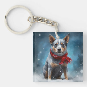 Porte-clés Chien Blue Heeler dans la neige de Noël
