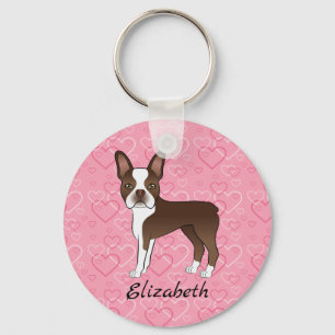 Porte-clés Chien Boston Terrier Brun Sur Cœurs Roses Et Nom