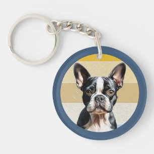 Porte-clés Chien Boston Terrier Mignon Fond Rétro
