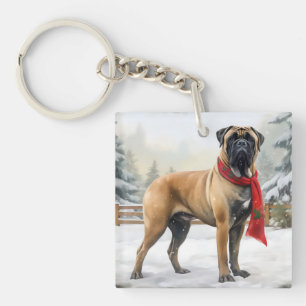 Porte-clés Chien Bouledogue Mastiff dans la neige de Noël