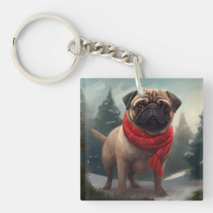 Porte-clés Chien Carlin dans la neige de Noël