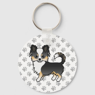 Porte-clés Chien Chihuahua à poil long tricolore noir & patte