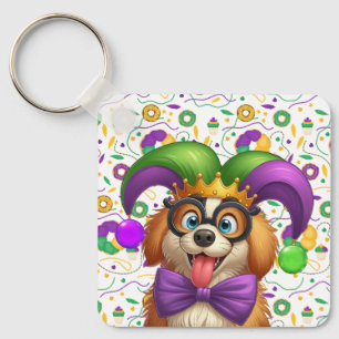 Porte-clés Chien chiot mignon Mardi Gras en casquette jester