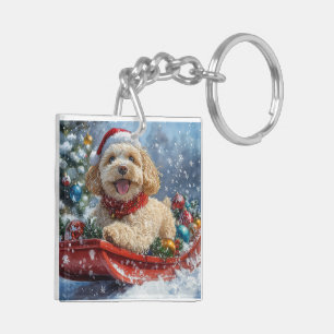 Porte-clés Chien Cockapoo en Traîneau Laissez Tomber la Neige