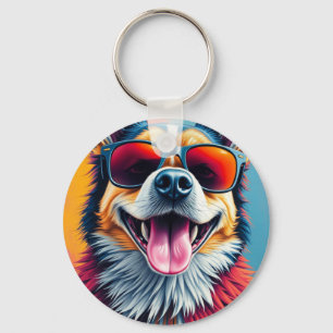 Porte-clés Chien Coloré avec des Lunettes de Soleil