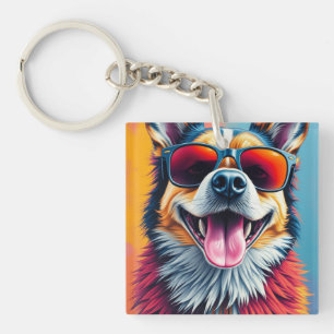Porte-clés Chien Coloré avec des Lunettes de Soleil