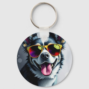 Porte-clés Chien Coloré avec des Lunettes de Soleil