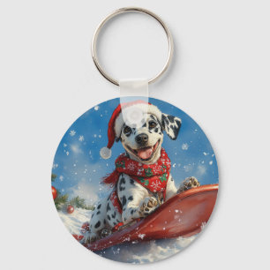 Porte-clés Chien Dalmatien en Luge Laissez Tomber la Neige No