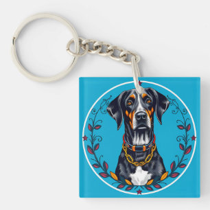 Porte-clés Chien dans un motif floral circulaire