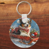 Porte-clés Chien de berger australien en Noël à Sledge (Recto)