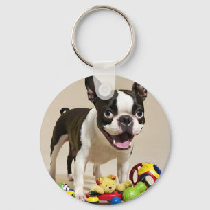 Porte-clés Chien de Boston Terrier jouant avec des jouets