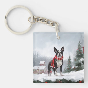 Porte-clés Chien de Boston Terrier pendant Noël de neige