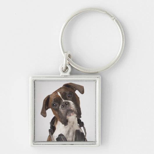 Porte-clés chien de boxeur avec des écouteurs (Devant)
