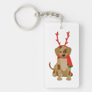 Porte-clés Chien de caricature portant Antlers et Écharpe