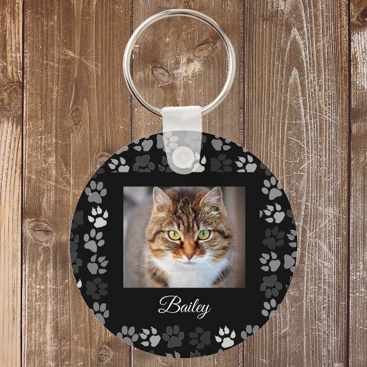 Porte-clés Chien de chat animal Empreintes de pattes Black Ph
