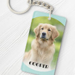 Porte-clés Chien de compagnie photo clair aqua bleu courbe bo<br><div class="desc">Clavier avec votre photo personnalisée et votre nom d'animal de compagnie avec bleu aqua clair (ou couleur personnalisée),  bordures courbes haut et bas. Vous pouvez modifier les couleurs et les polices,  ainsi que déplacer et redimensionner la photo dans l'outil de conception.</div>