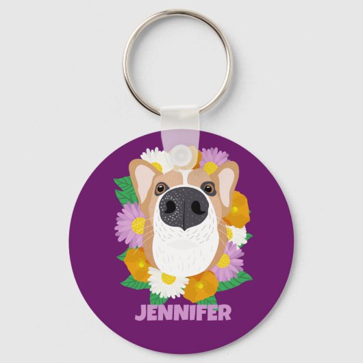 Porte-clés Chien de Corgi avec fleurs violet Personnalisé (Recto)