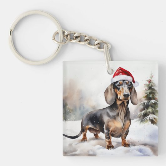 Porte-clés Chien de Dachshund à Noël de neige (Devant)
