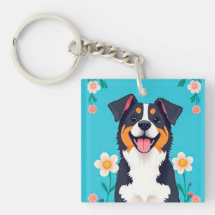 Porte-clés Chien de dessin animé entouré de fleurs