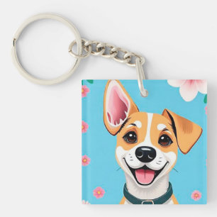 Porte-clés Chien de dessin animé souriant entouré de fleurs