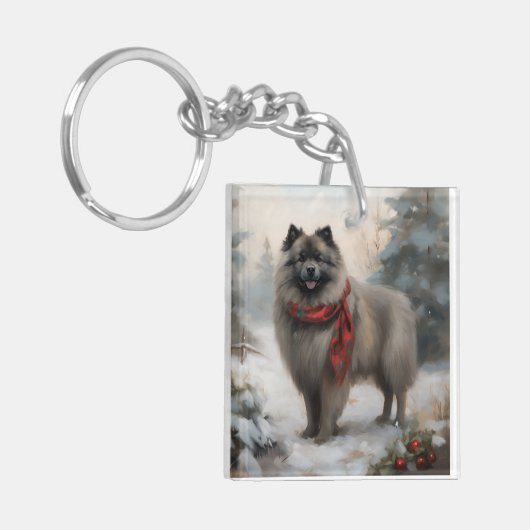 Porte-clés Chien de Keeshond à Noël de neige (Devant gauche)