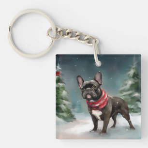 Porte-clés Chien de taureau français à Noël de neige