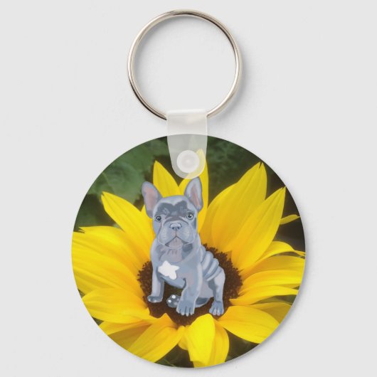 Porte-clés Chien de taureau français, chiot et tournesol (Recto)