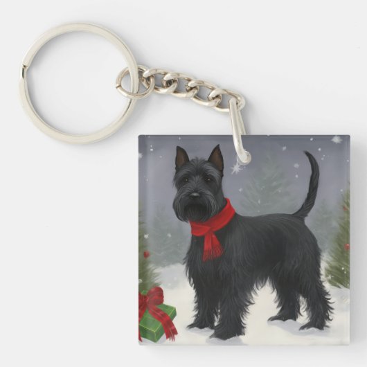 Porte-clés Chien de Terrier écossais en Noël de neige (Devant)