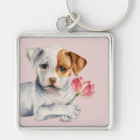 Chien doux de pitbull tenant la peinture rose de