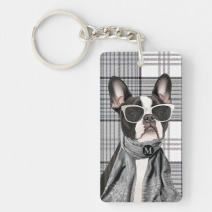 Porte-clés Chien élégant Boston Terrier et monogramme à carre