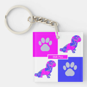 Porte-clés Chien et Carré rose pâle et bleu en silhouette Shi