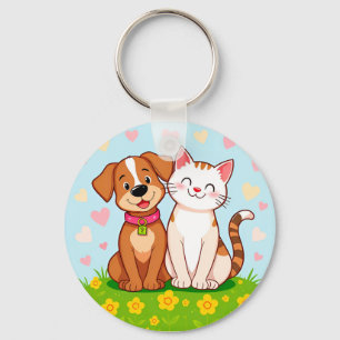 Porte-clés Chien et chat de dessin animé mignons assis ensemb