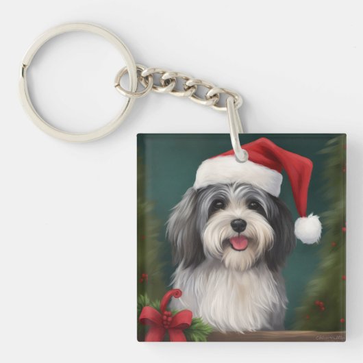 Porte-clés Chien Havanais en Noël de neige (Devant)