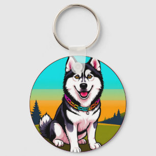 Porte-clés Chien husky de dessin animé mignon avec collier