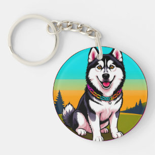 Porte-clés Chien husky de dessin animé mignon avec collier