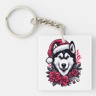 Porte-clés Chien Husky Festif Floral avec Chien de Noël Chien