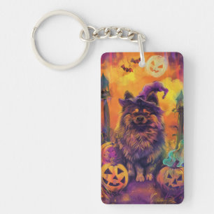 Porte-clés Chien Keeshond effrayant Halloween Sorcière et Cit