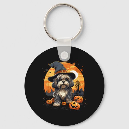 Porte-clés Chien Lhasa Apso sorcière d'Halloween effrayant (Recto)